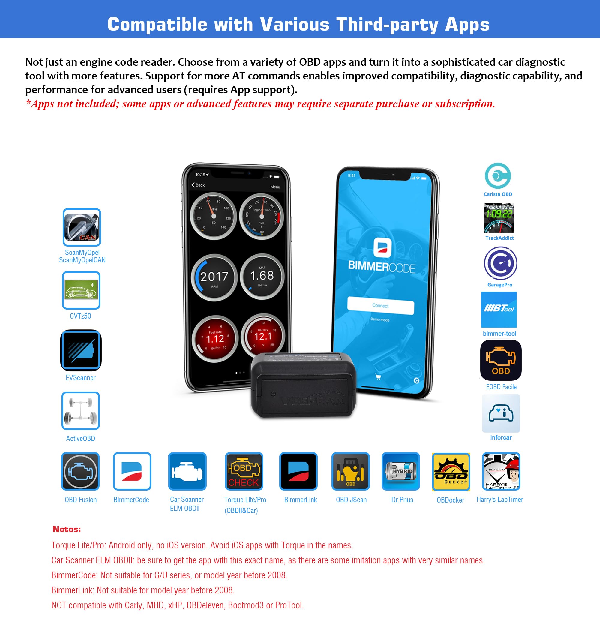 Veepeak OBDCheck connected to iOS for wireless engine checks