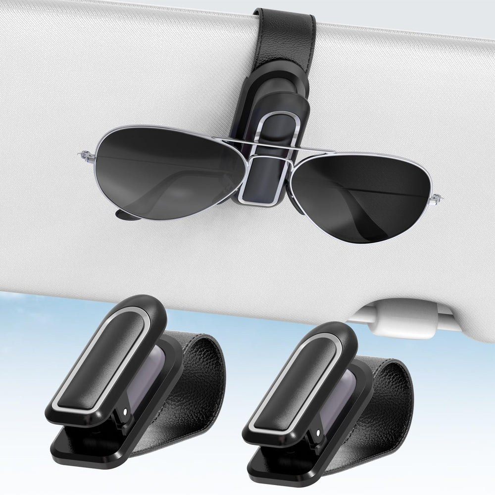 Veharvim sunglass holder clip shown for one-handed use on a car visor