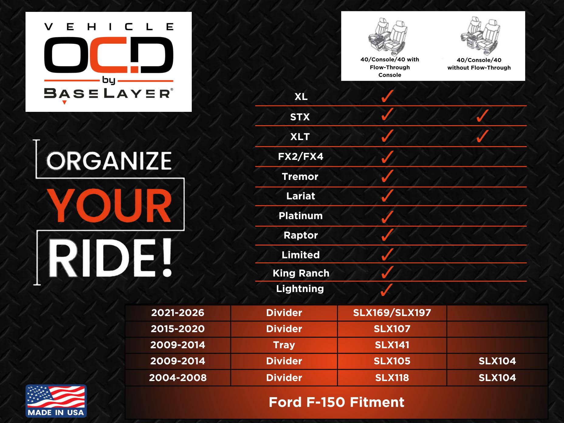 Vehicle OCD SLX197 matte finish and tight fit minimize clutter movement.