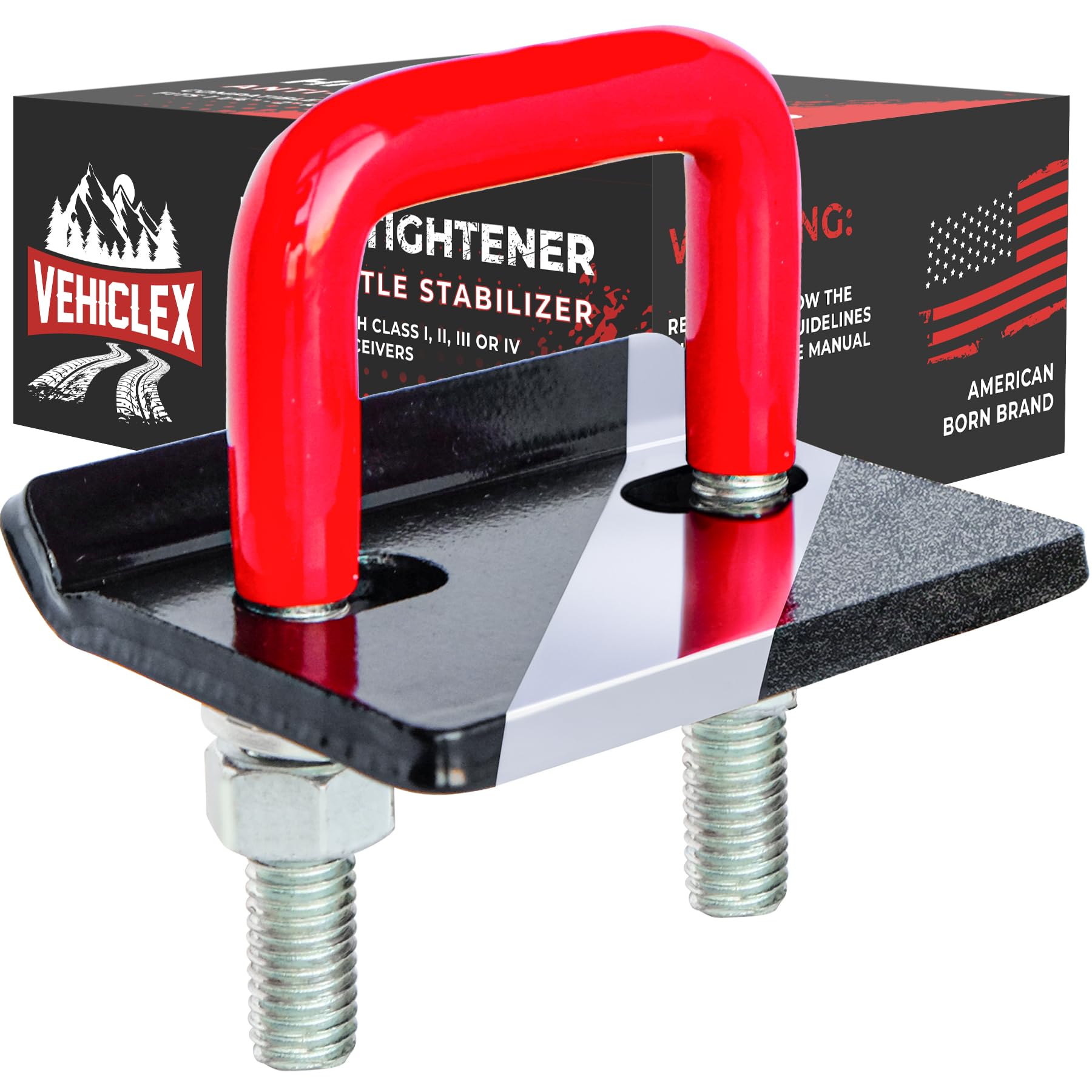 Vehiclex anti-rattle hitch tightener on a 1.25-2 inch receiver for steadier towing.