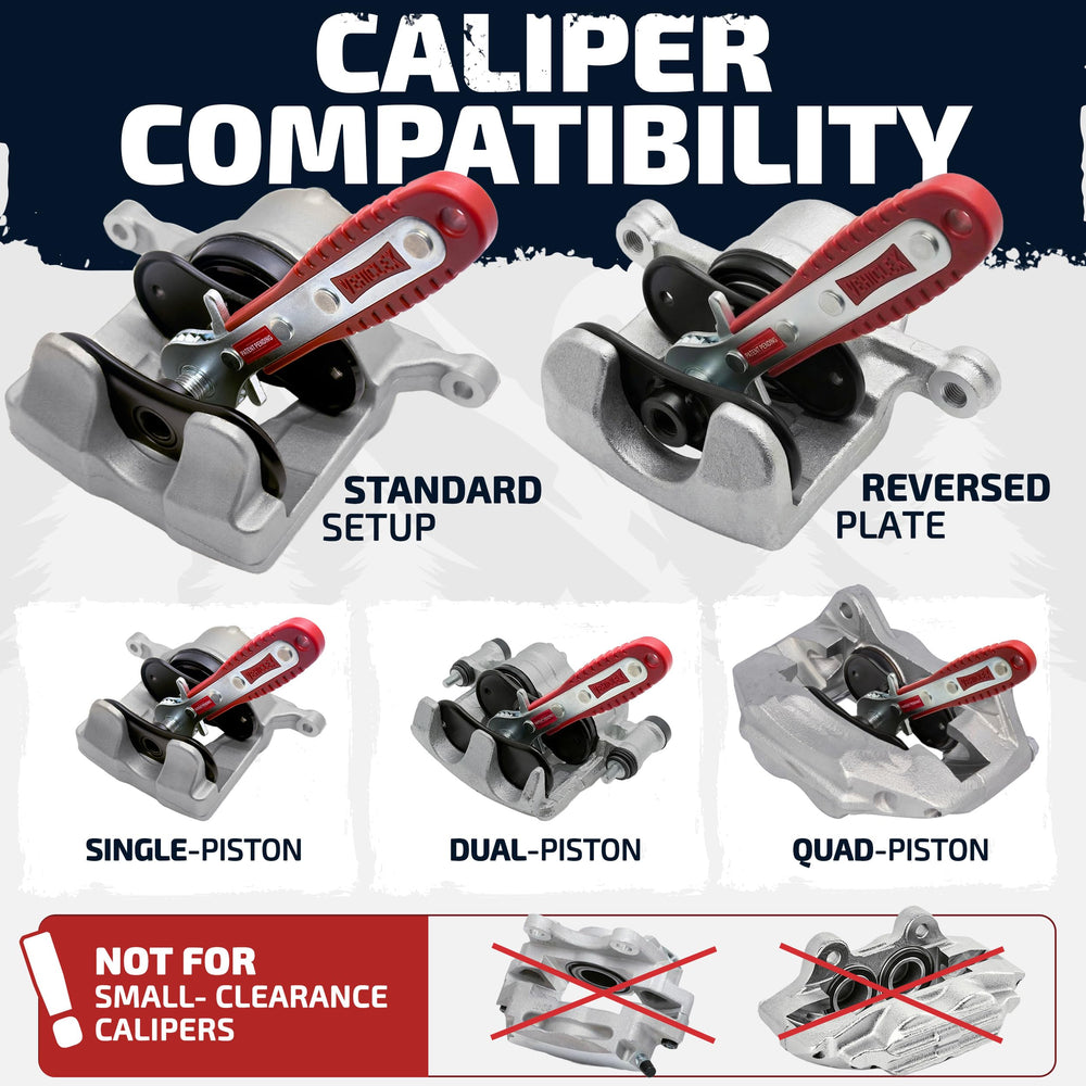 Vehiclex brake caliper compression tool rib-reinforced plates resist flex for safe caliper work.