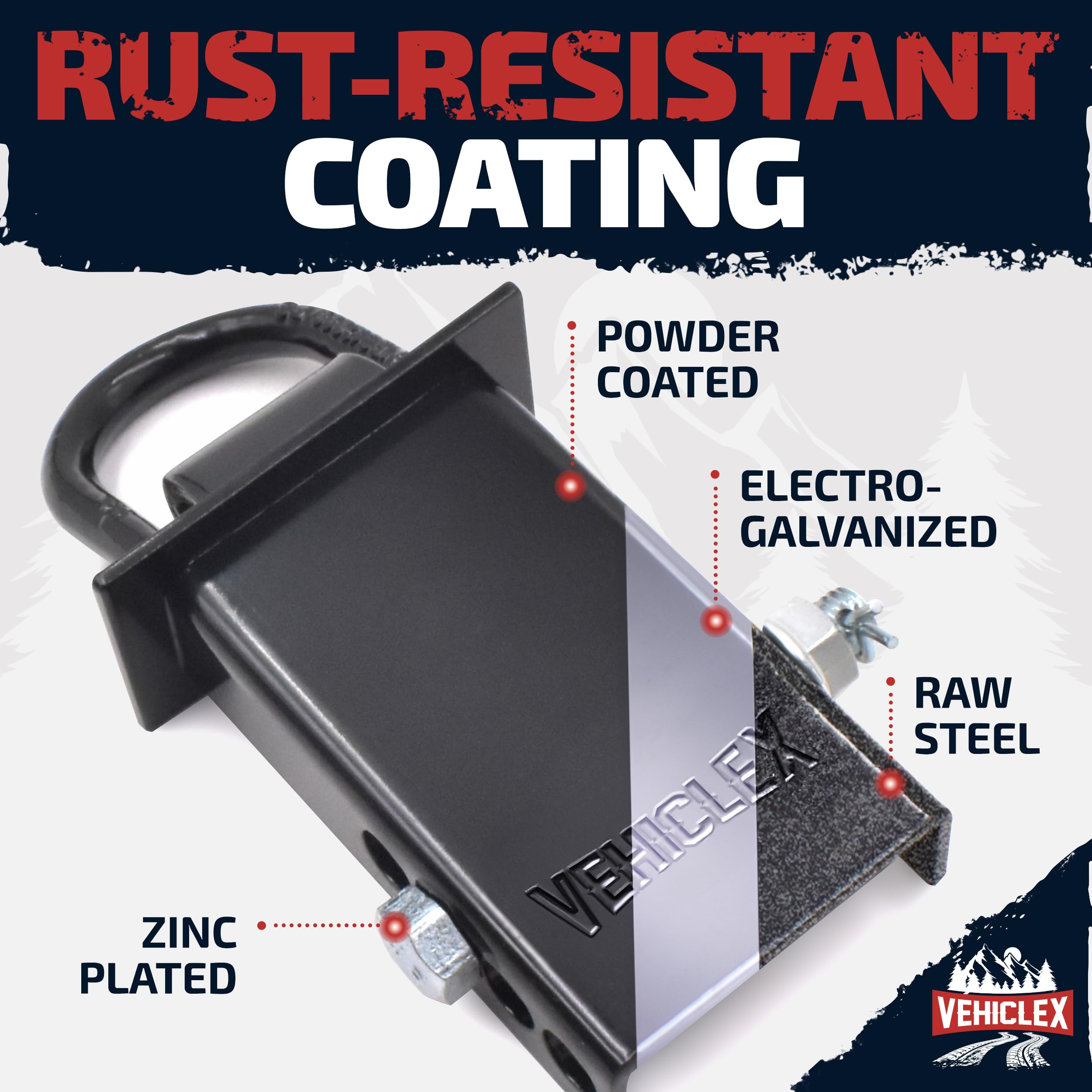 Vehiclex D-ring bolt system close-up highlights rust-resistant zinc-coated hardware and strength