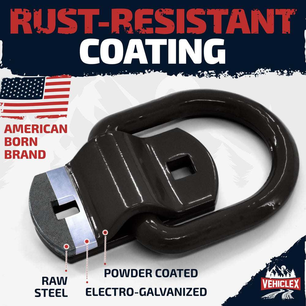 Vehiclex forged D-ring with 12,000 lbs break strength offers dependable cargo restraint.
