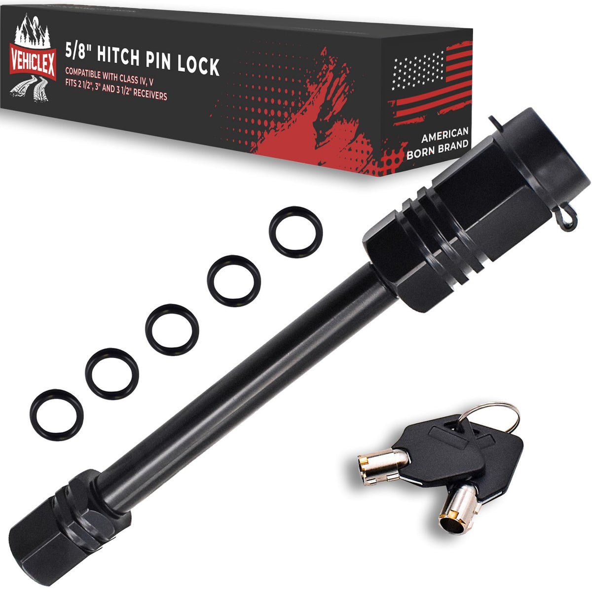 Vehiclex heavy-duty trailer hitch pin lock close-up showing a durable steel body.