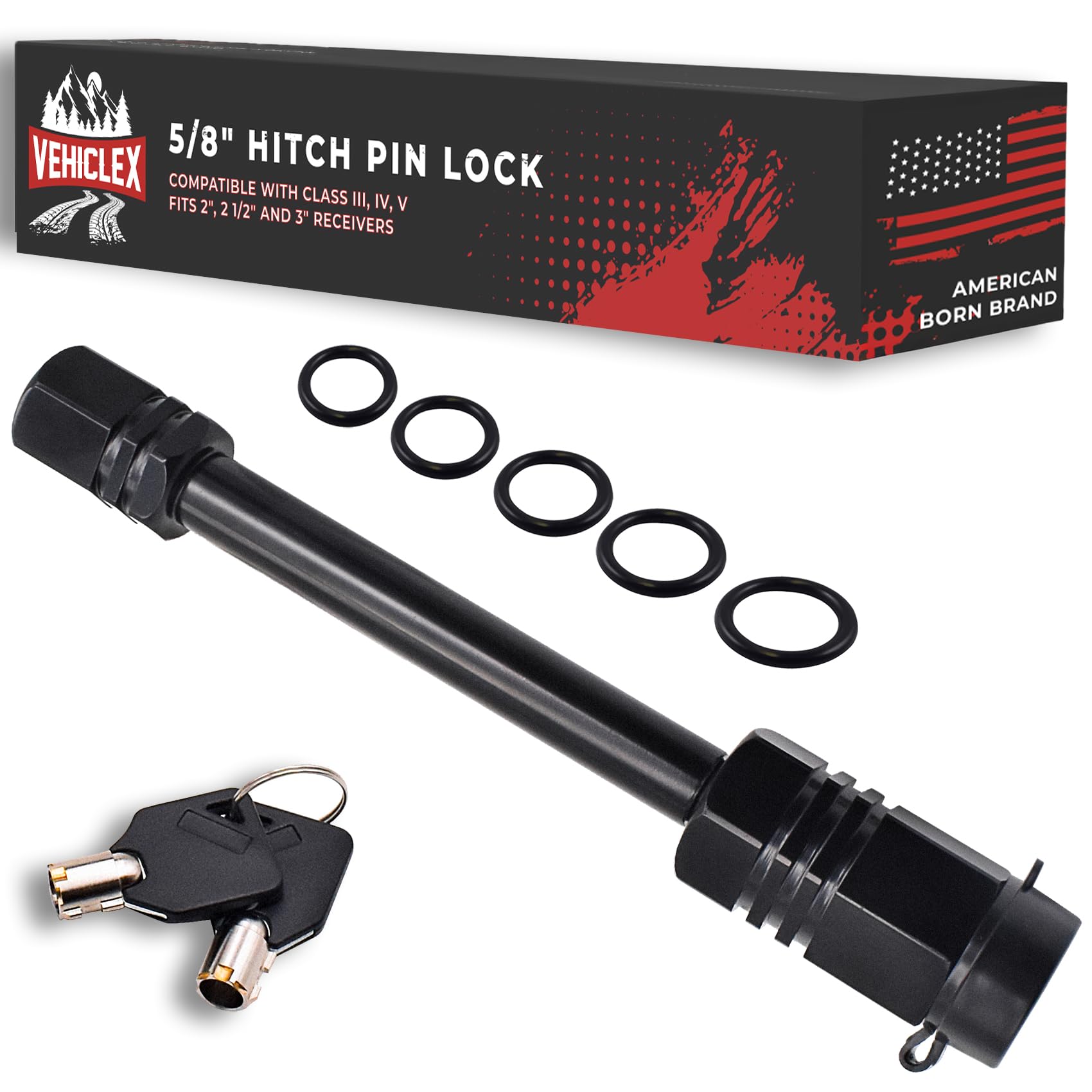 Vehiclex hitch pin lock fits 2.5–3 inch receivers for secure trailer connections.