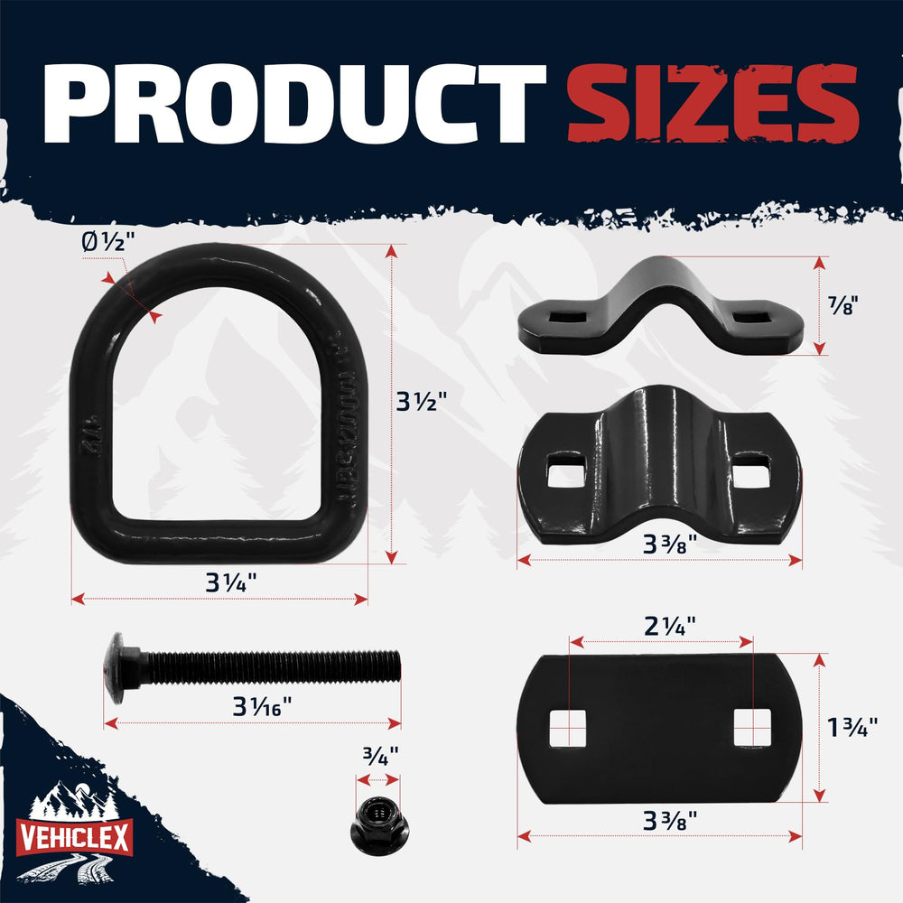Vehiclex heavy-duty D-rings ideal for securing motorcycles, ATVs, and equipment.