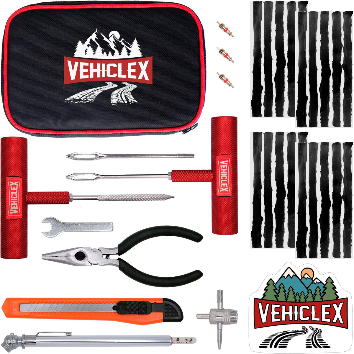 Vehiclex tire repair kit with aluminum-handled tools for quick roadside fixes
