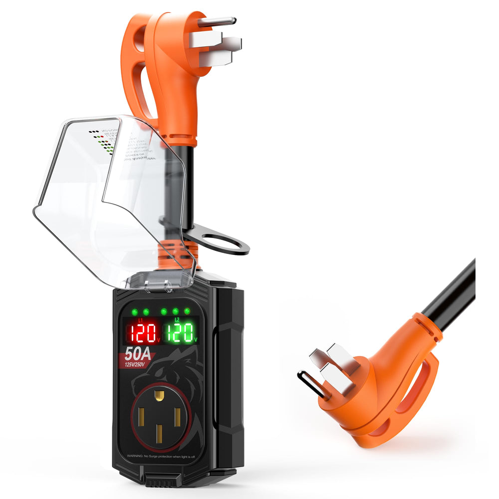 Vehiker 50 Amp RV surge protector front view showing rugged design for RV electrical protection