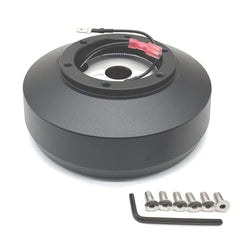 Vehjunc steering wheel short hub adapter 6-hole mounted on a Ford F-150 steering column for easy upgrades.