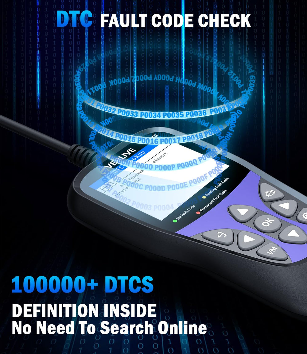 VEHLIVE V850 DTC lookups cover 100,000+ codes for faster troubleshooting.