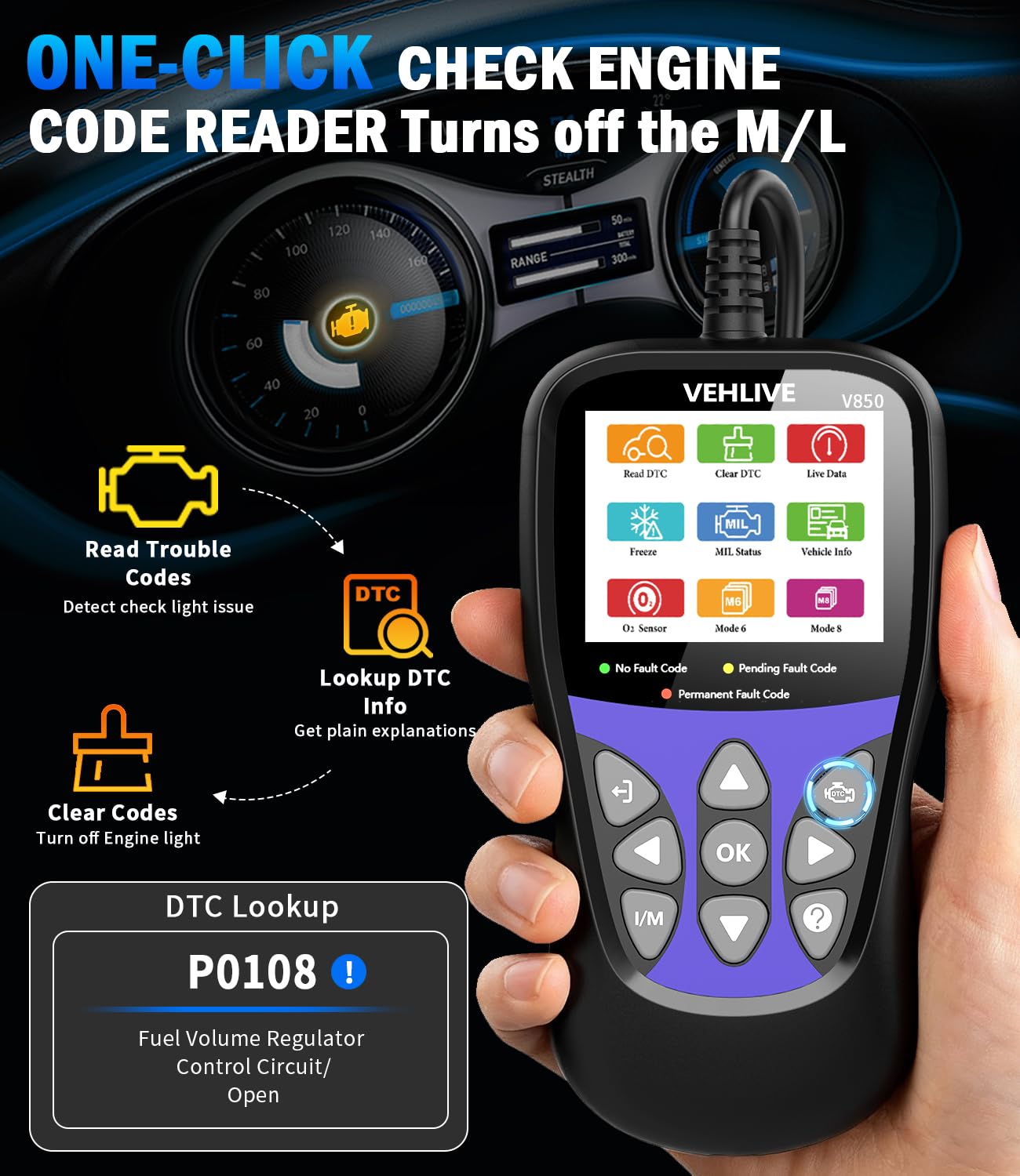 VEHLIVE V850 live data graphs display four real-time engine parameters.
