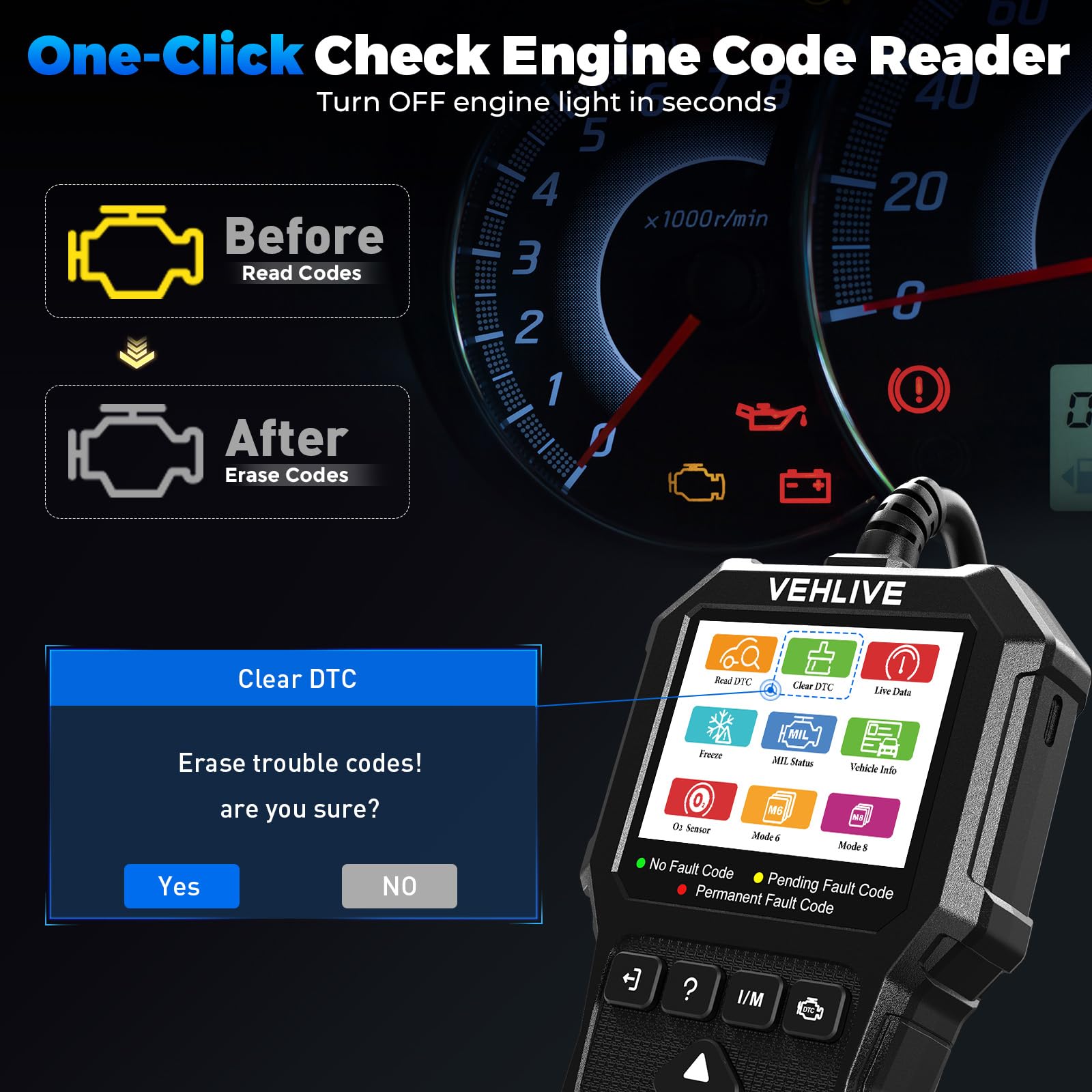 VEHLIVE V880 battery test panel shows voltage status for safe starts.