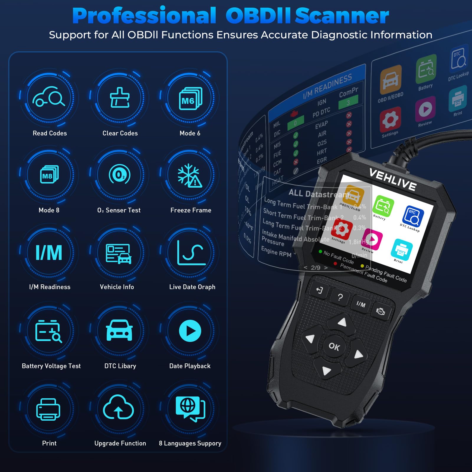 VEHLIVE V880 DTC library enables rapid fault code reference.