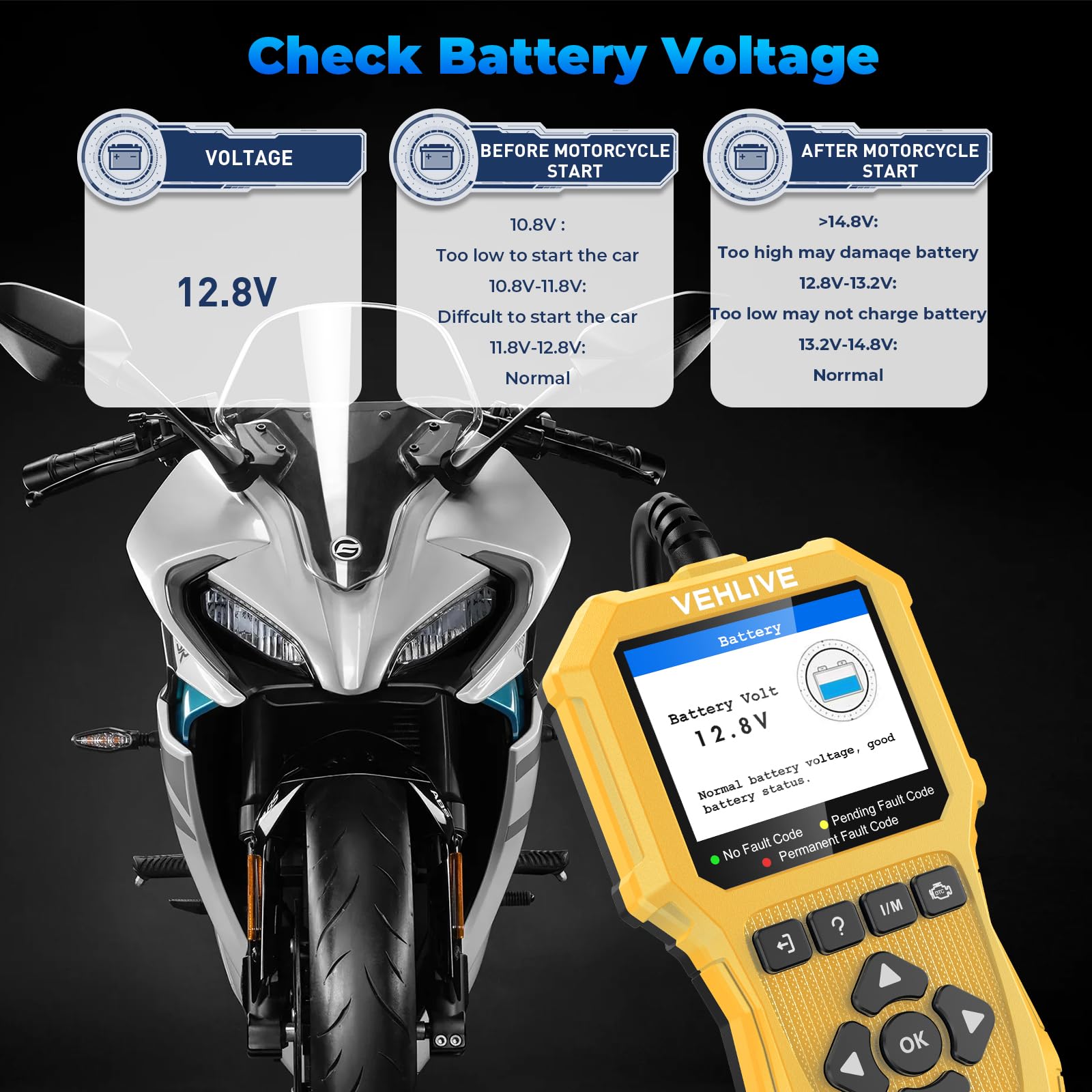 VEHLIVE V880 MOTO 2.8-inch color screen for clear results