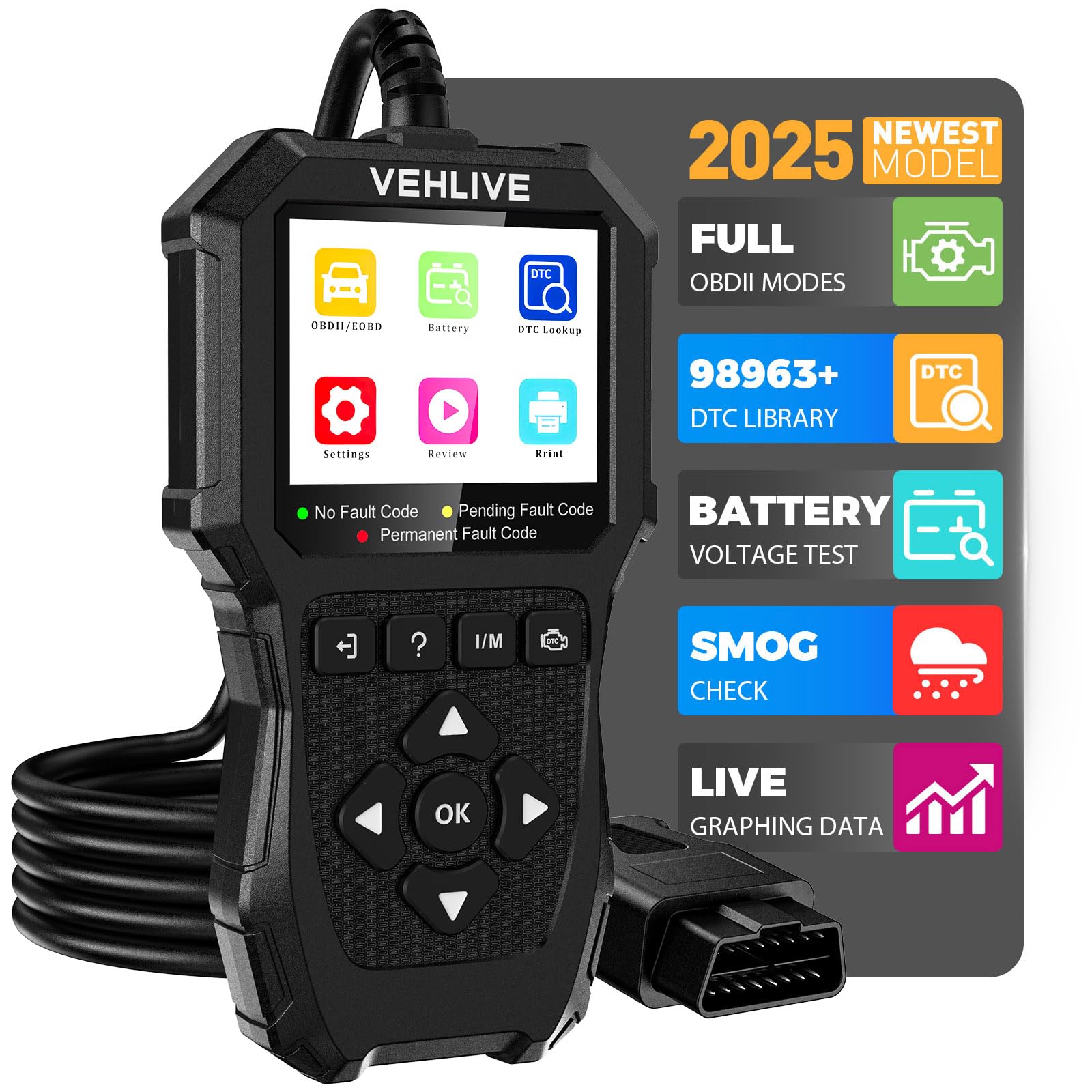 VEHLIVE V880 screen displays diagnostic readouts for quick vehicle insights.