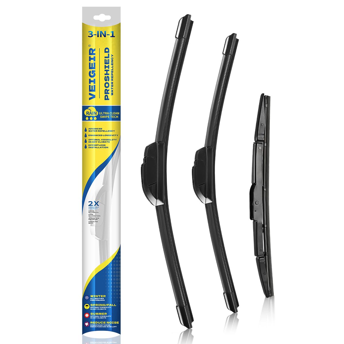 VEIGEIR 3-pack wiper blades on Honda CR-V windshield showing 26, 16, and 13 inch sizes for smooth visibility