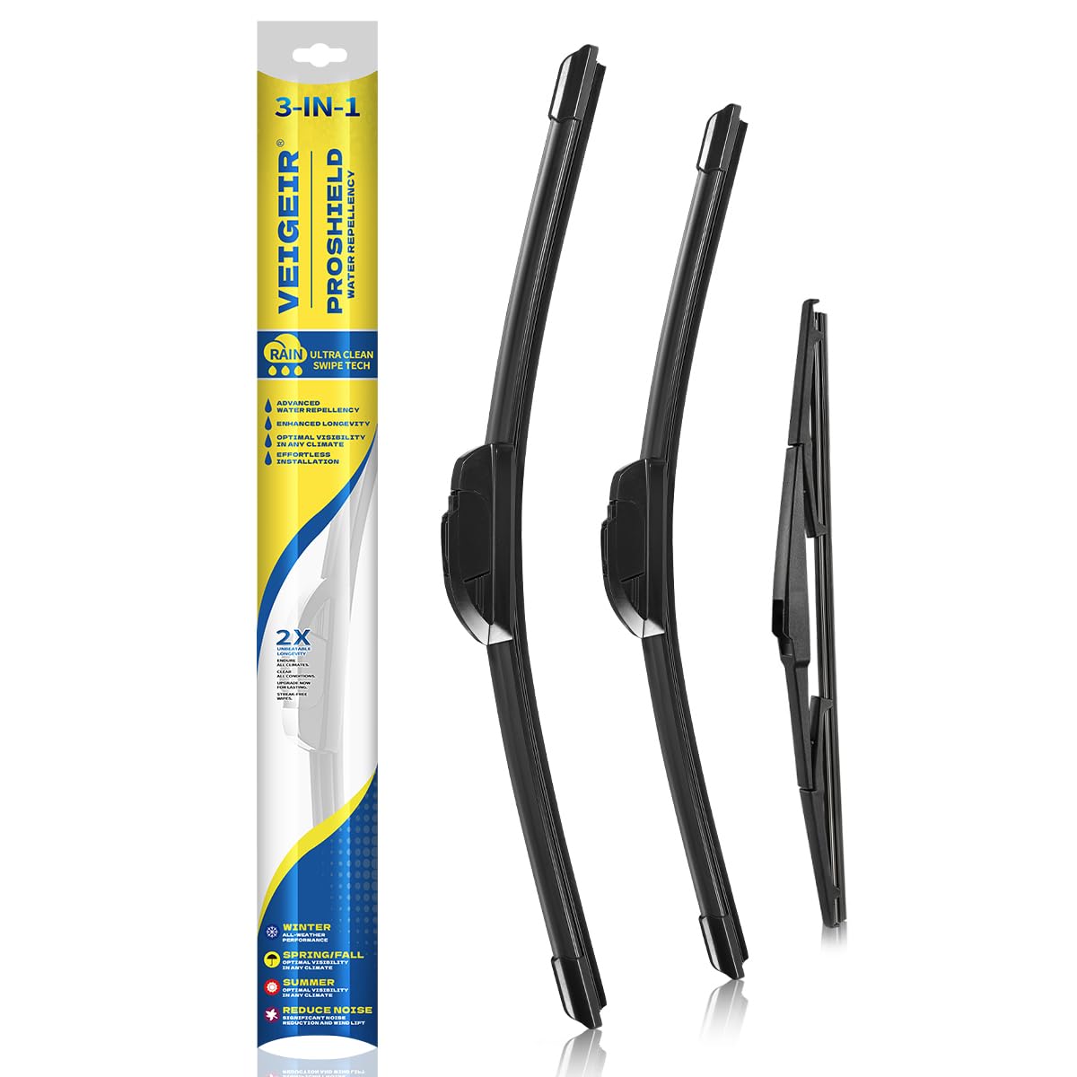 VEIGEIR 3-pack wiper blades in 26, 18, 14 inch sizes for Jeep Cherokee, improving visibility