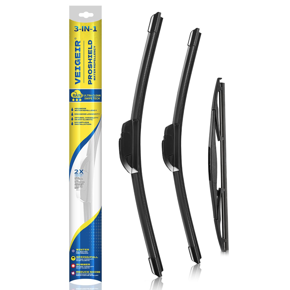 VEIGEIR 3-pack Honda Fit 28-inch front blades packaging highlights value and quick replacement