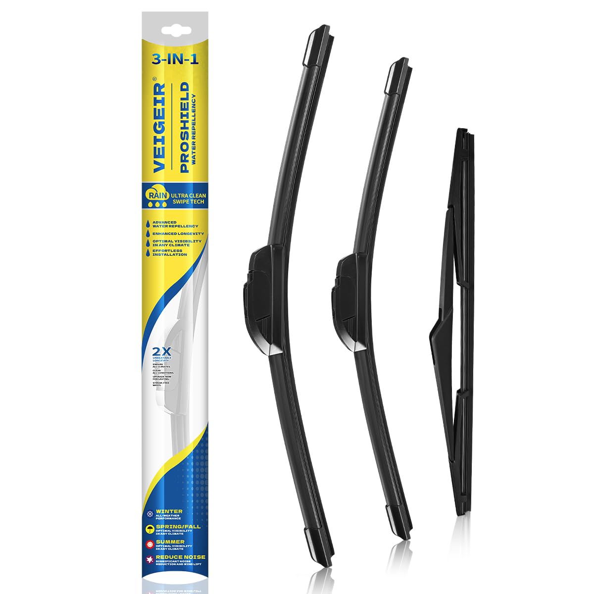 VEIGEIR 26-inch front windshield wiper blade in action for rain visibility