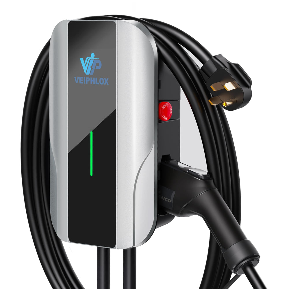 VEIPHLOX Level 2 charger suitable for indoor or outdoor use with versatile mounting options.