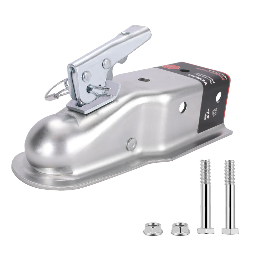 VEKINSE Straight Tongue Zinc Coupler with hardware enables secure towing setups.