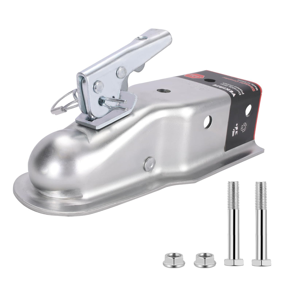 VEKINSE Straight Tongue Zinc Coupler with hardware enables secure towing setups.
