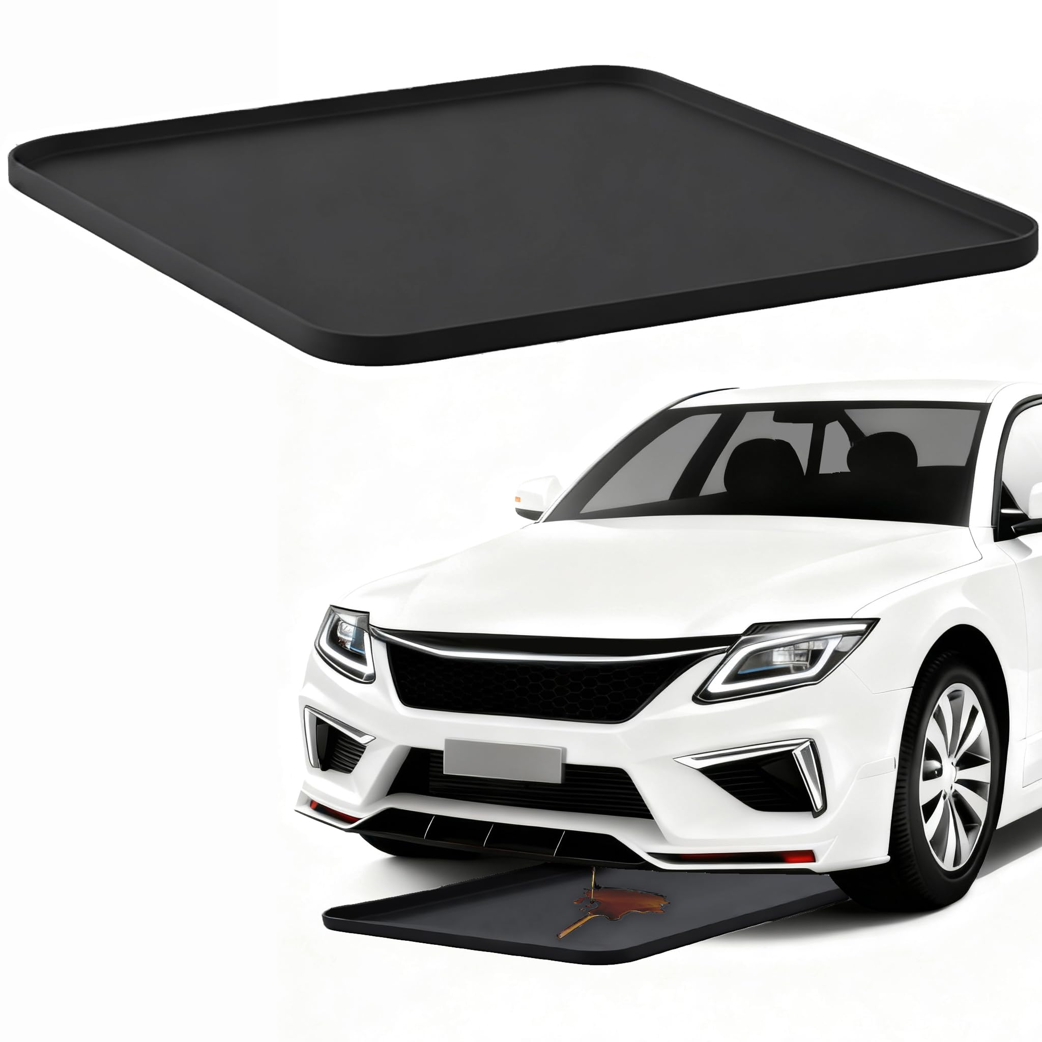 VeloZap oil drip pan under car protects garage floors from leaks.