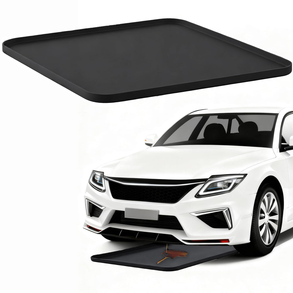 VeloZap oil drip pan under car protects garage floors from leaks.