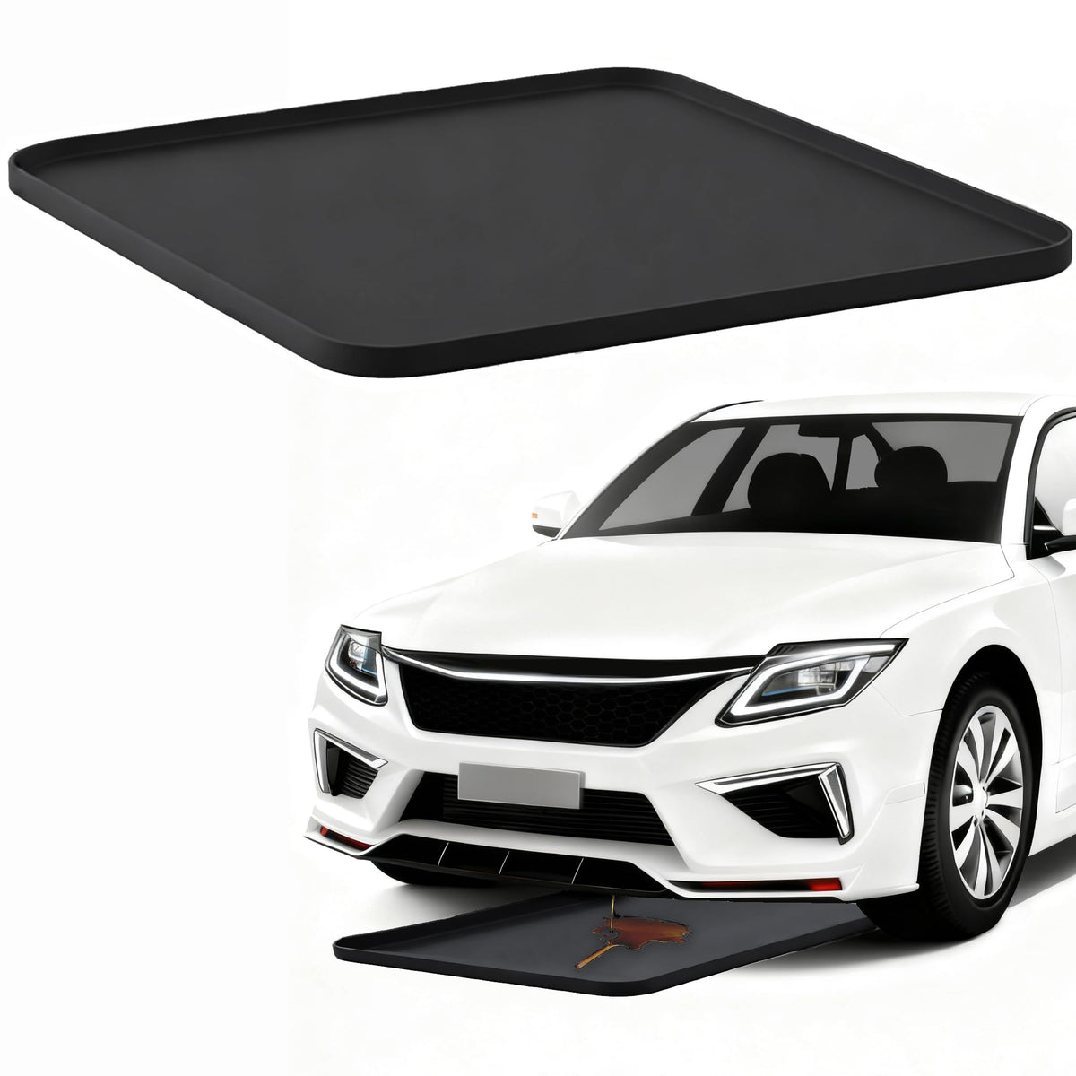 VeloZap oil drip pan under car protects garage floors from leaks.