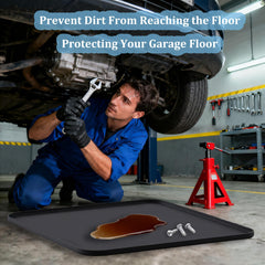 VeloZap oil spill mat on garage floor prevents stains from spills.