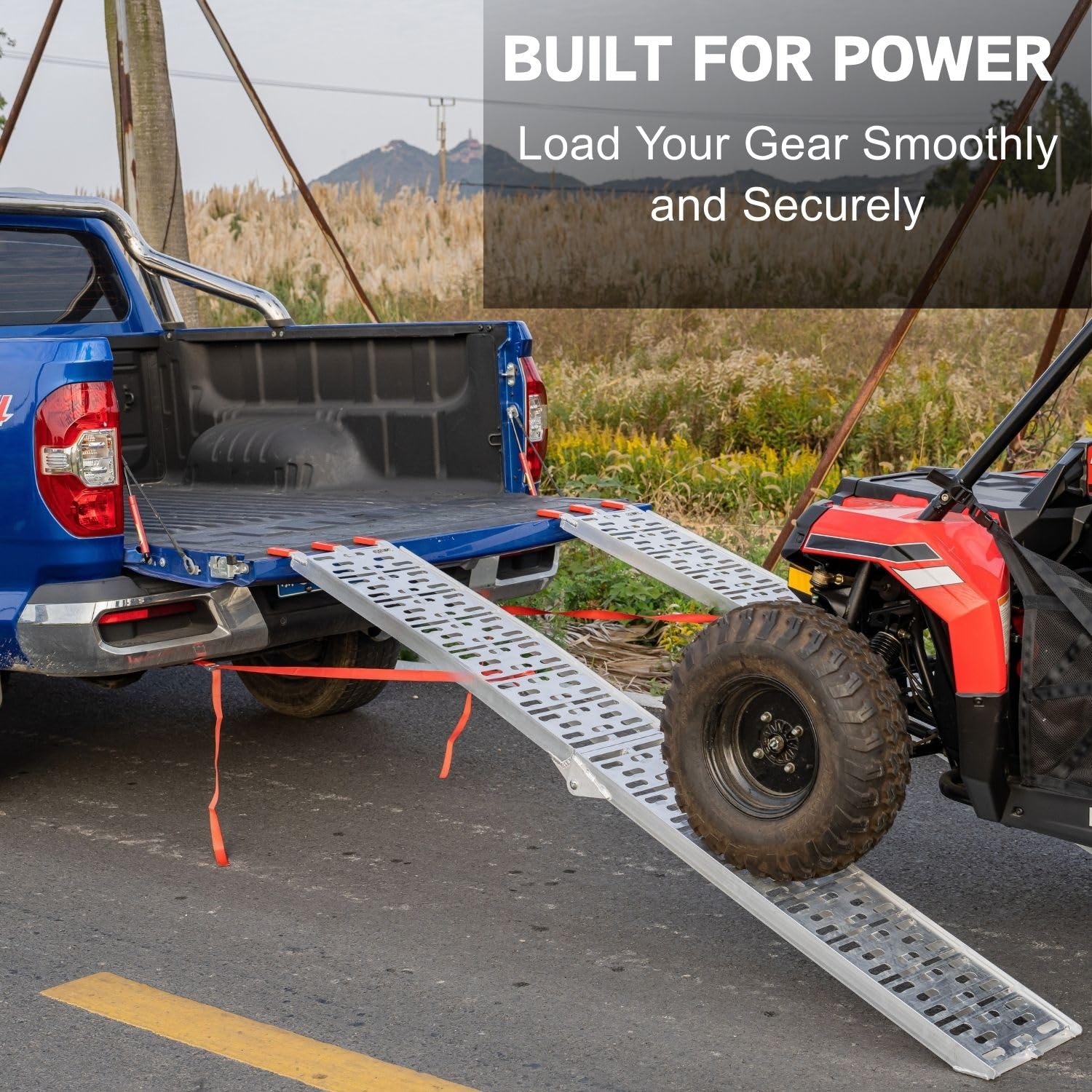 Punched-plate traction surface provides grip during dirt bike loading with VENDAV ramp