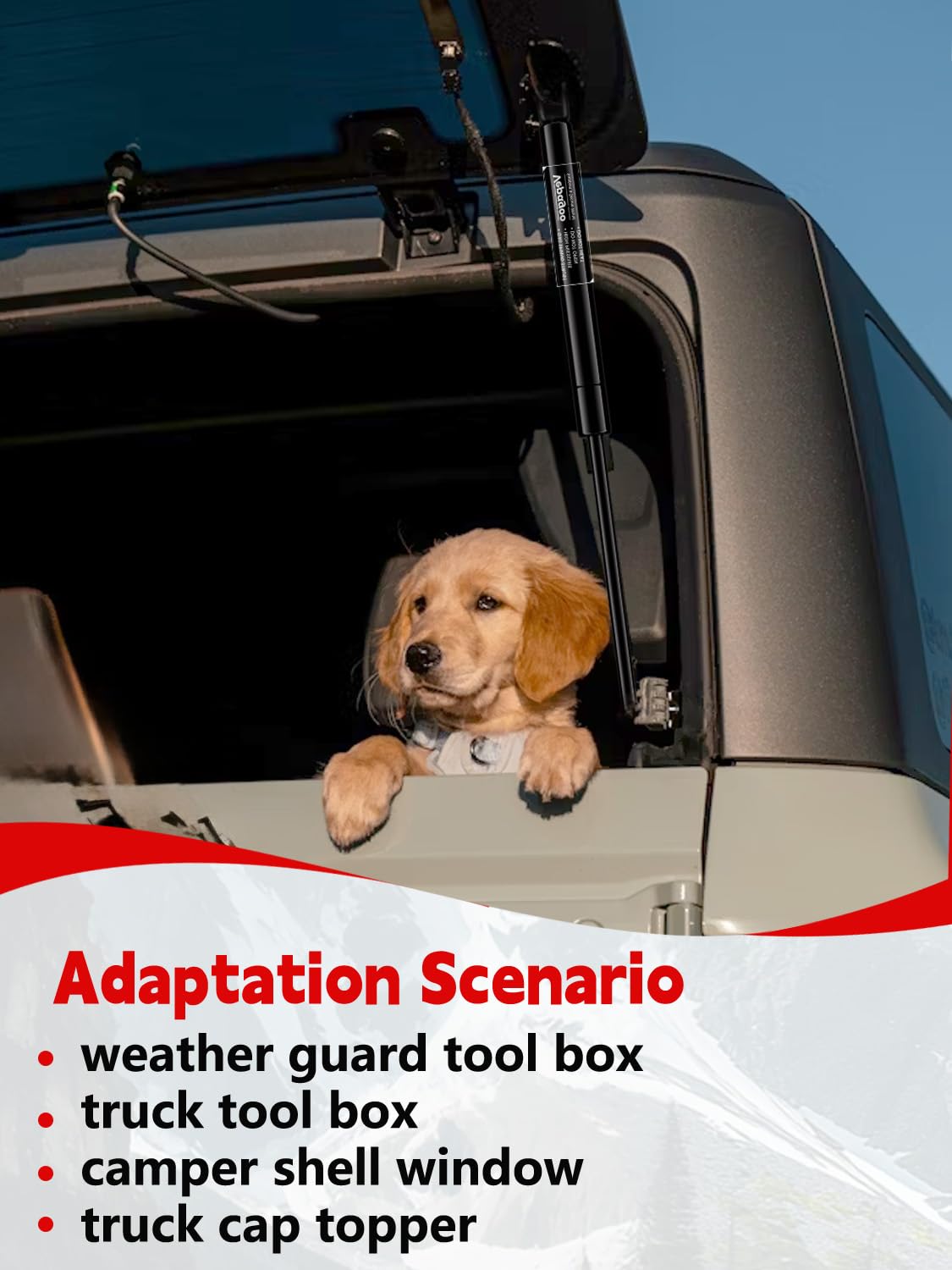 Vepagoo 12-inch gas struts lifting a truck topper lid with one-handed action.