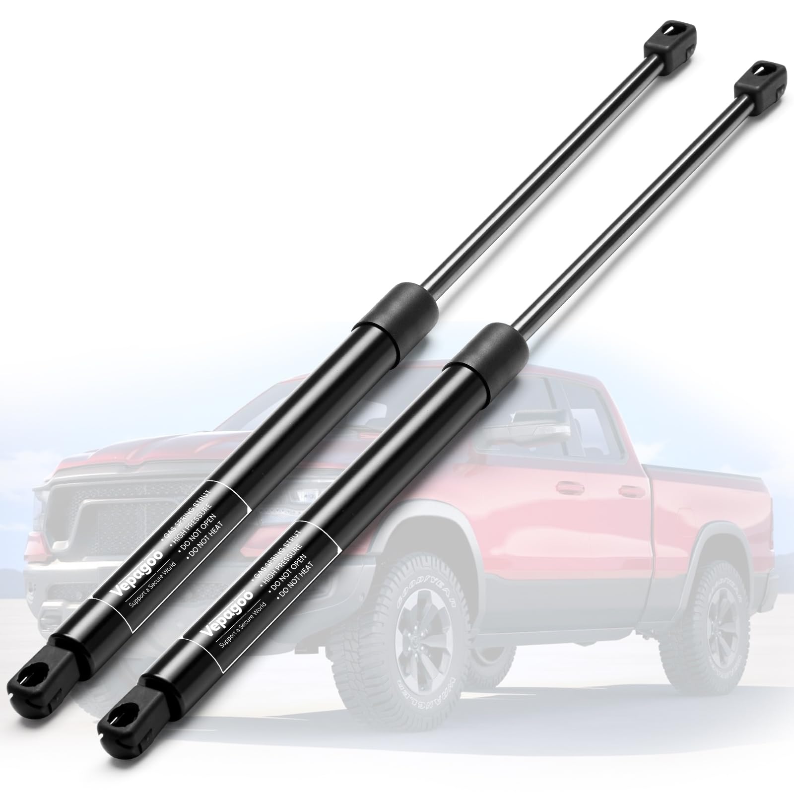 Vepagoo front hood gas struts installed on a Dodge Ram for smooth lifting