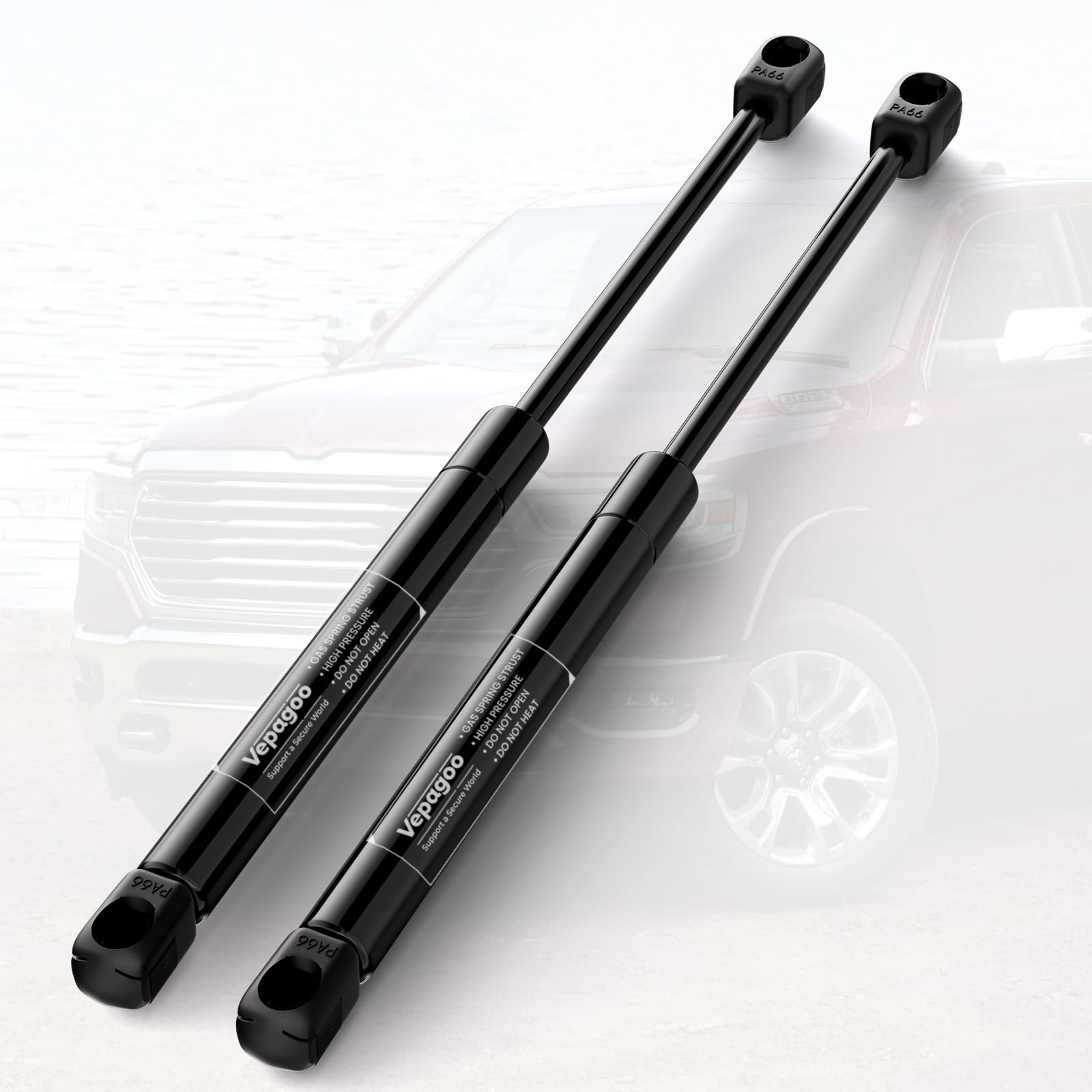 Vepagoo front hood struts installed on a Dodge Ram, smooth hood operation