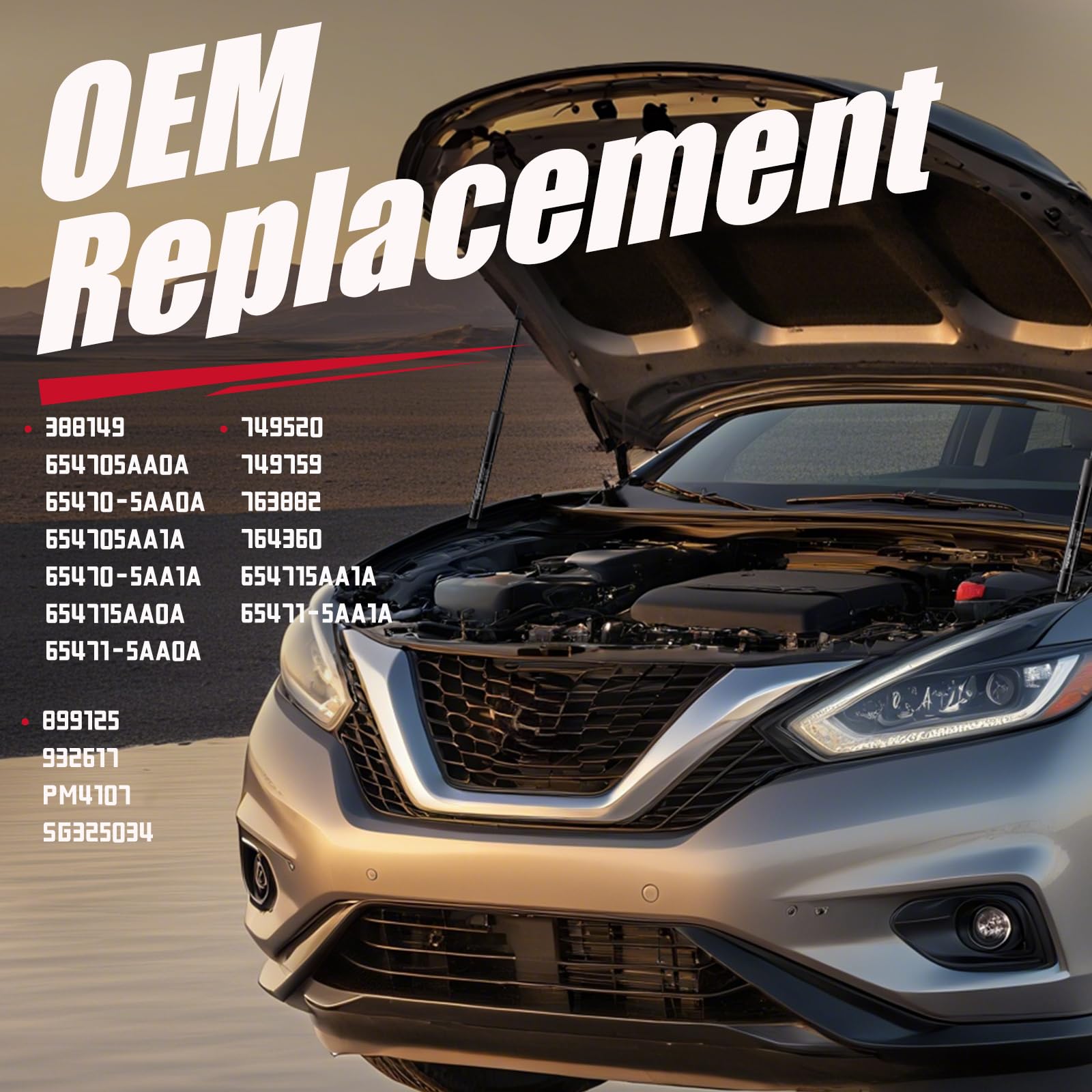 Vepagoo packaging for Nissan Murano hood struts with clear specs