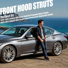 Vepagoo Infiniti Q50 hood lift struts side view showing OEM fit