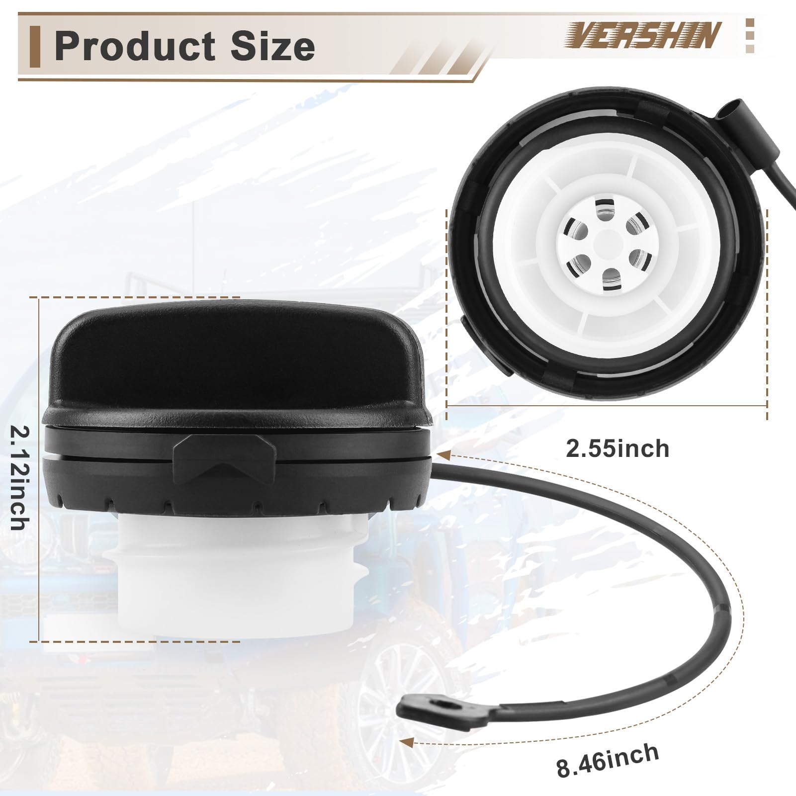 Vershin gas cap mounted on vehicle demonstrates proper fit and airtight seal.