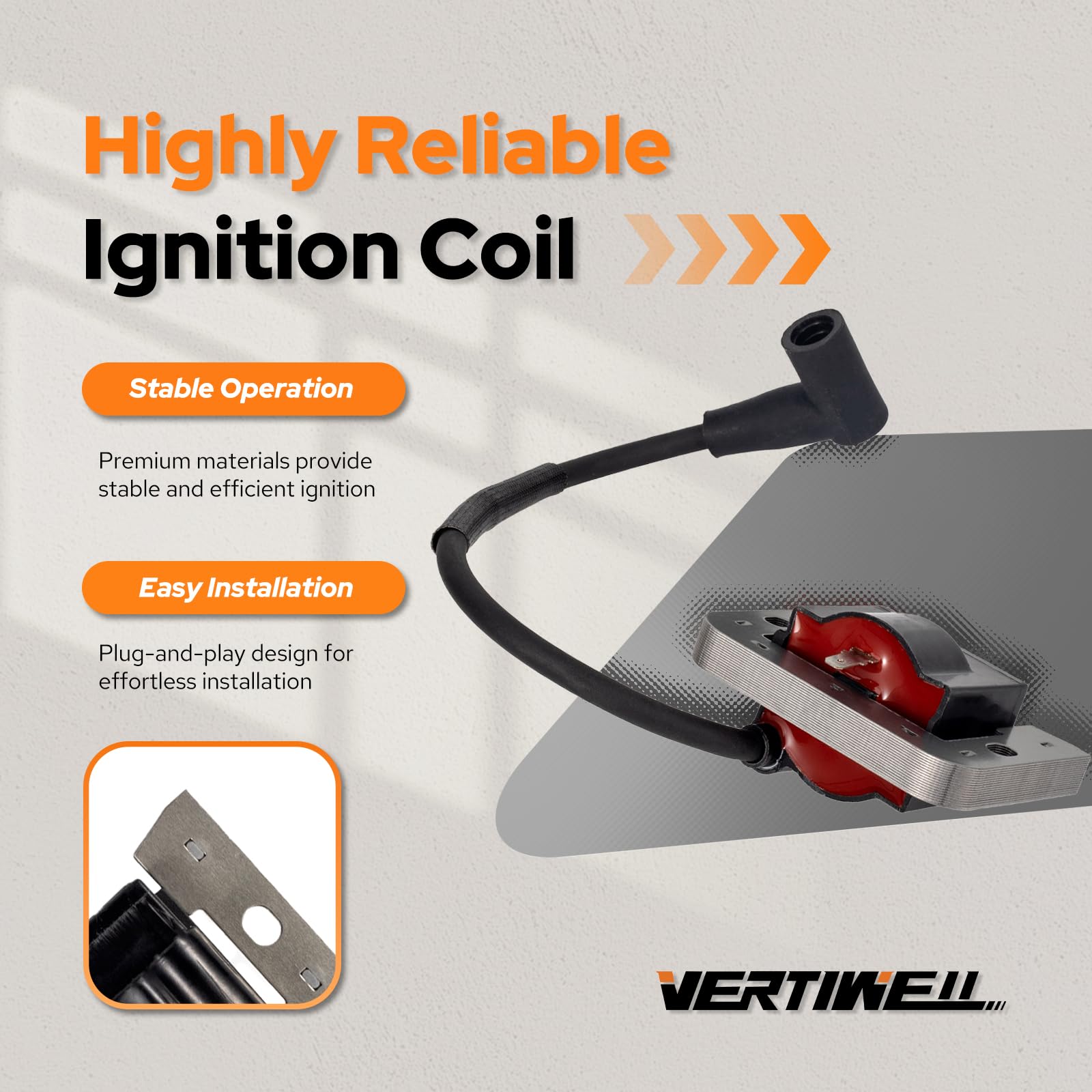 Vertiwell ignition coil front view showing plug-and-play design for easy installation.