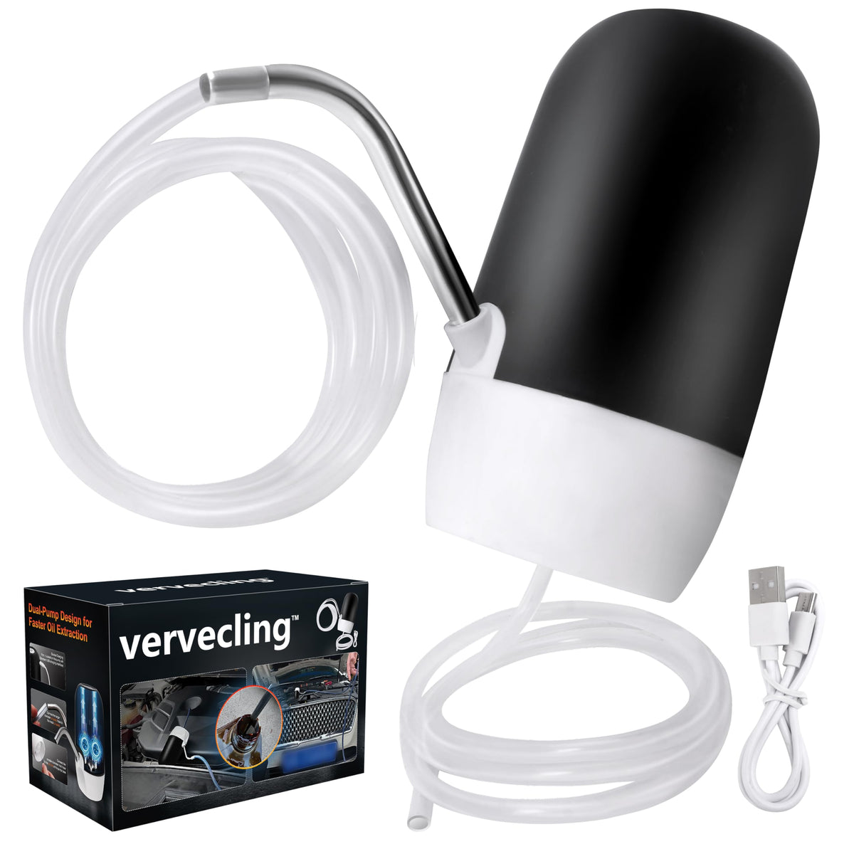 Vervecling oil pump extractor setup with inlet and outlet tubes for easy changes.
