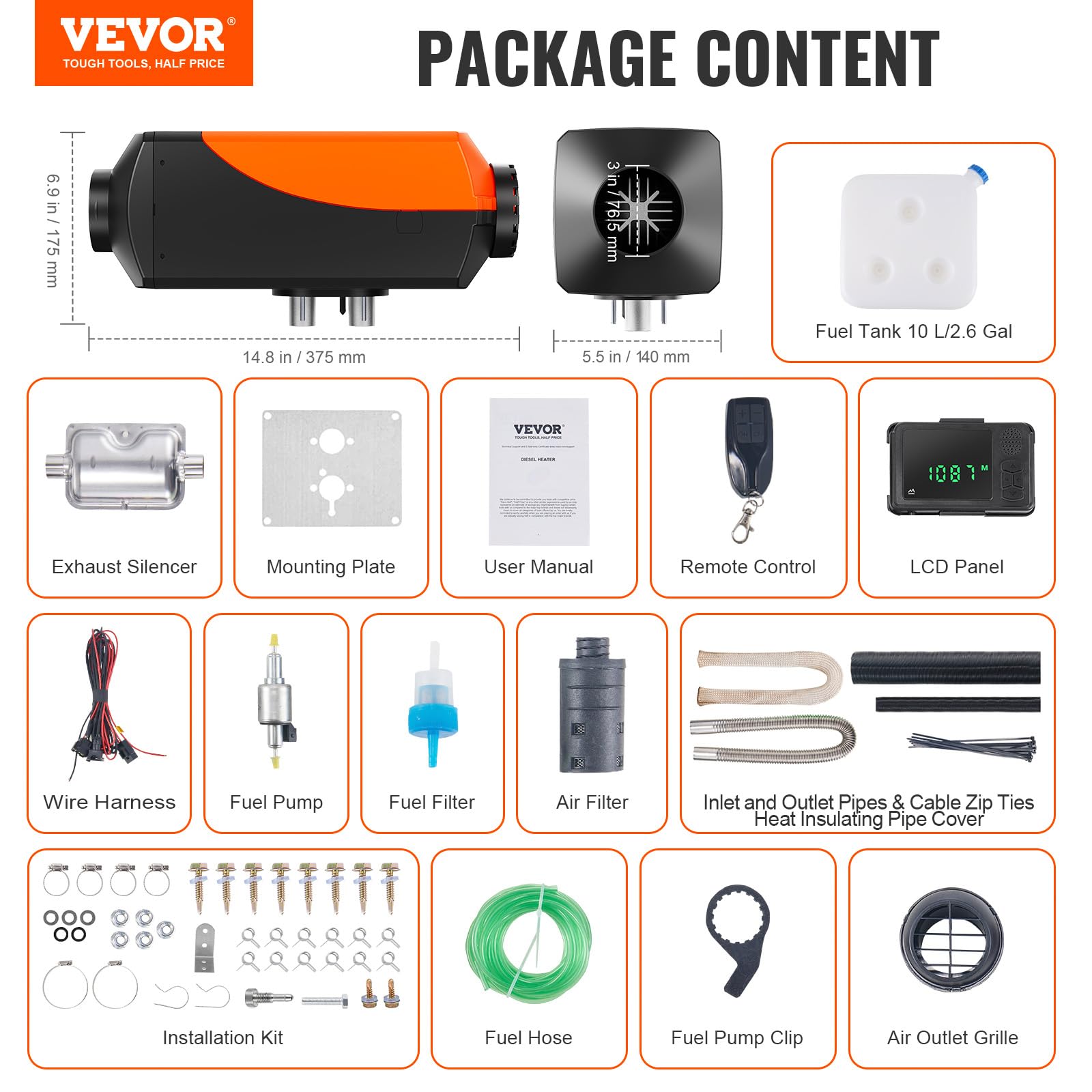 VEVOR 10 L fuel tank enables long runtime for overnight heating.