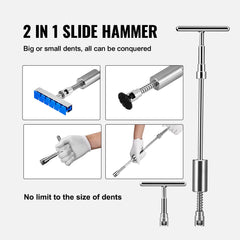 VEVOR bridge puller shown with adjustable width for various dent sizes.