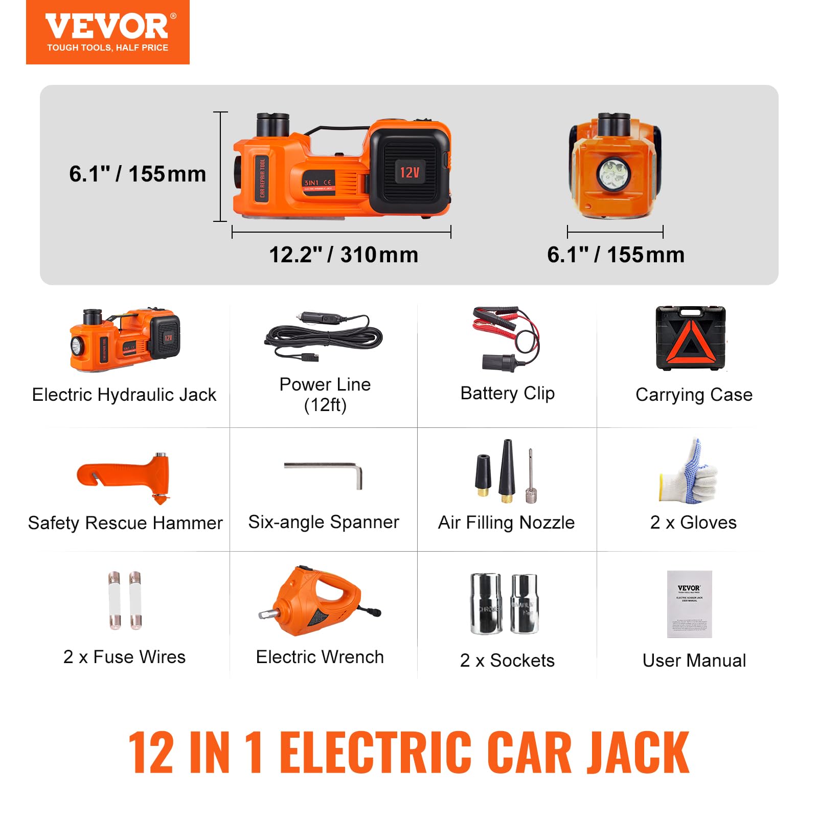 VEVOR 13ft power cord allows front or rear tire placement flexibility.