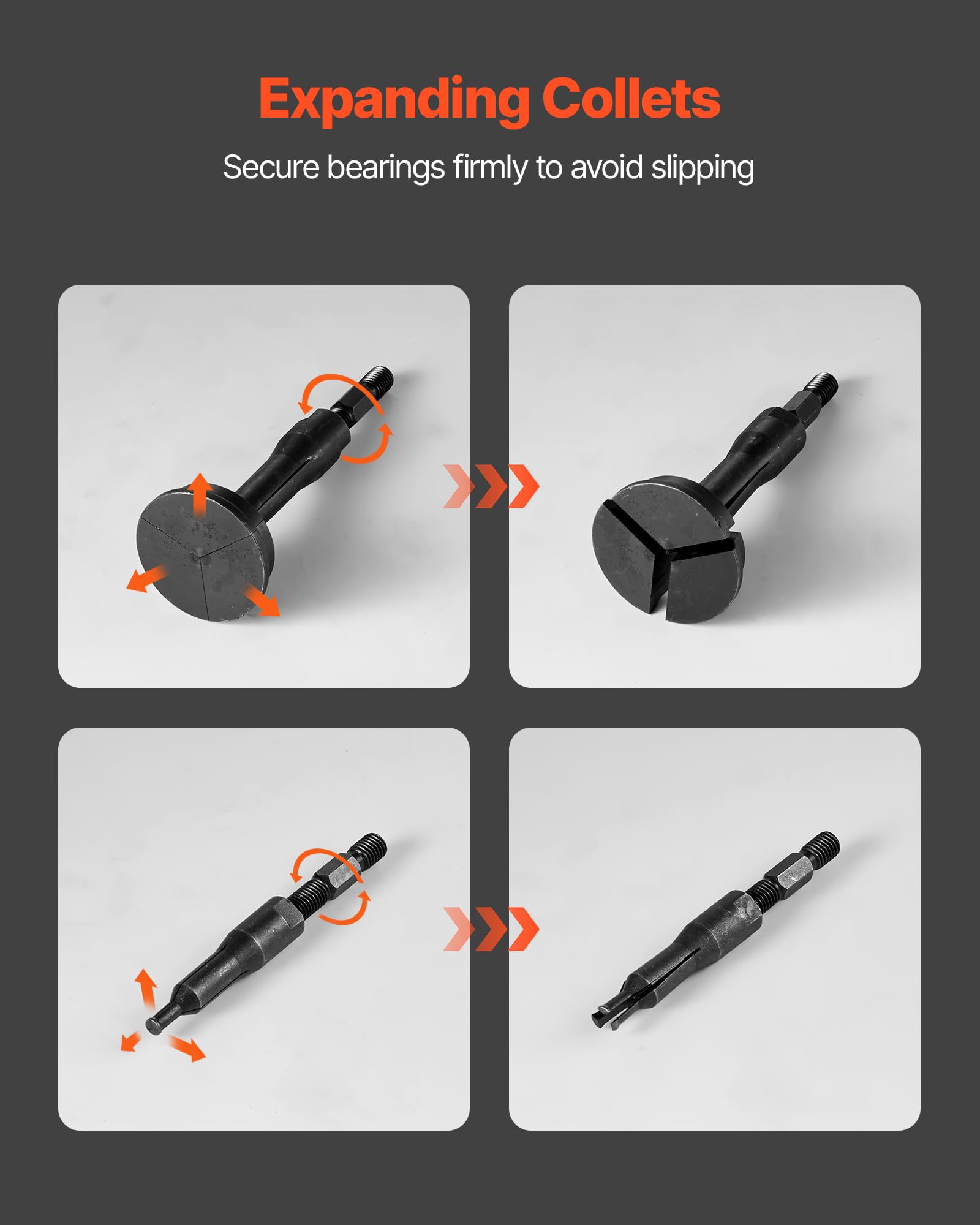 Ten interchangeable collets provide a snug fit across bearing sizes