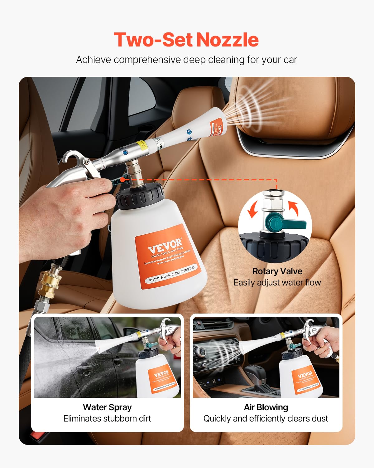 VEVOR 360° rotating nozzle enabling thorough cleaning around curves.