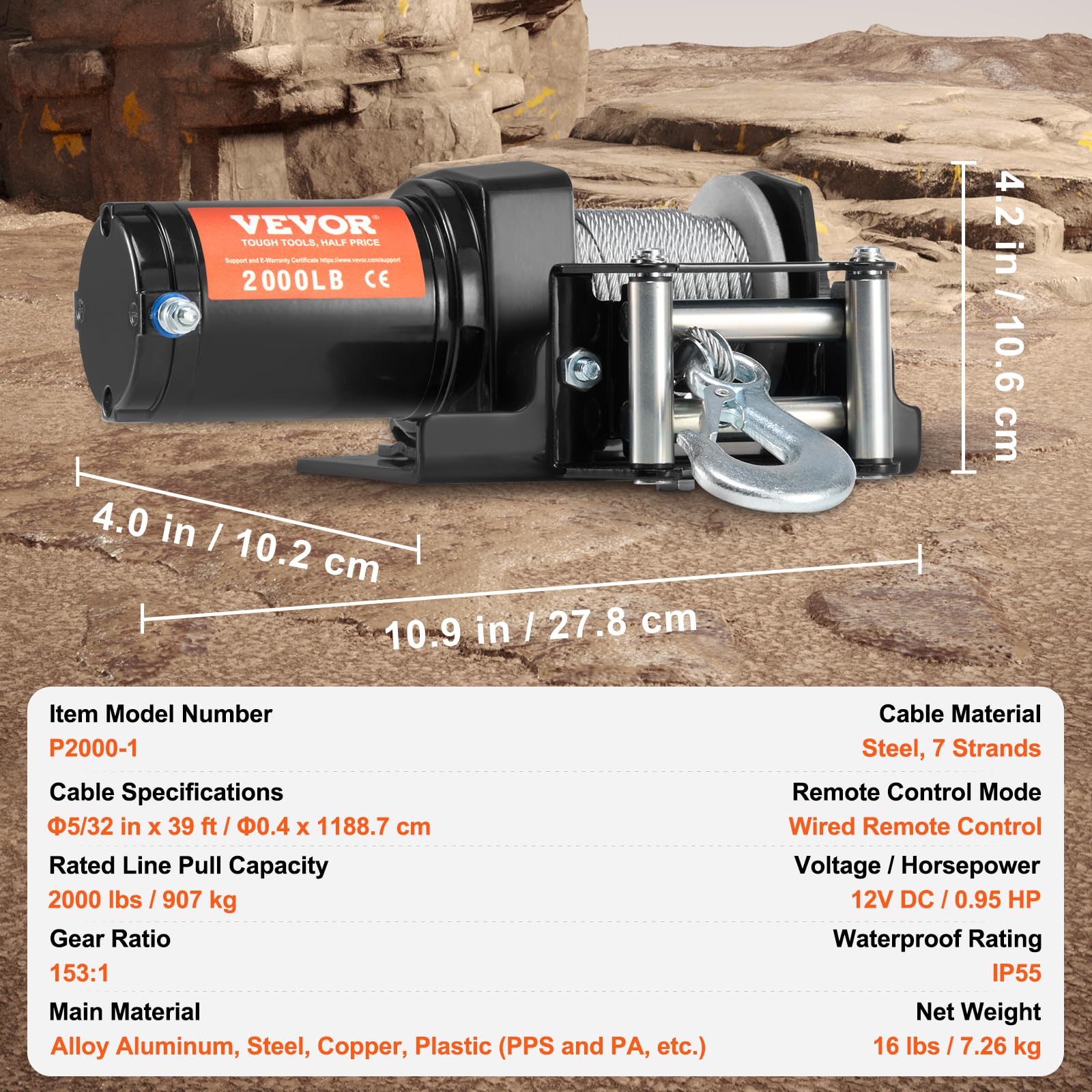VEVOR 39 ft steel cable length extends reach for small-vehicle recovery.