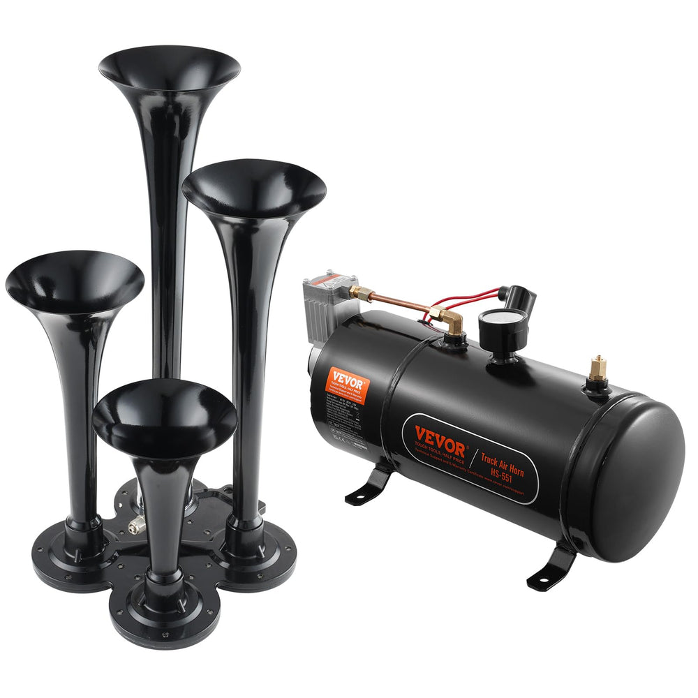 VEVOR four-trumpet air horn kit front view showing bold signaling up to 150dB