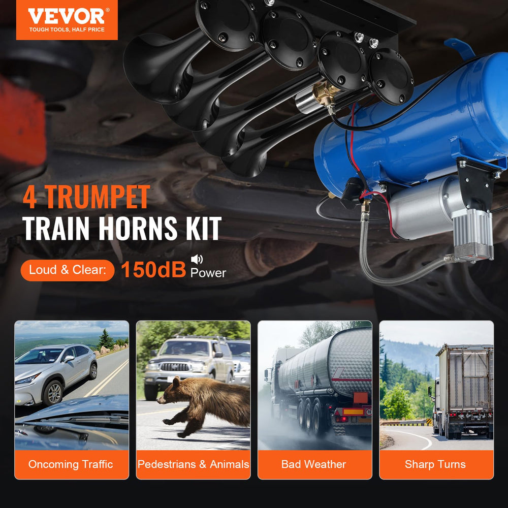 VEVOR four-trumpet air horns closeup highlighting rugged construction.