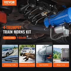 VEVOR four-trumpet air horns closeup highlighting rugged construction.