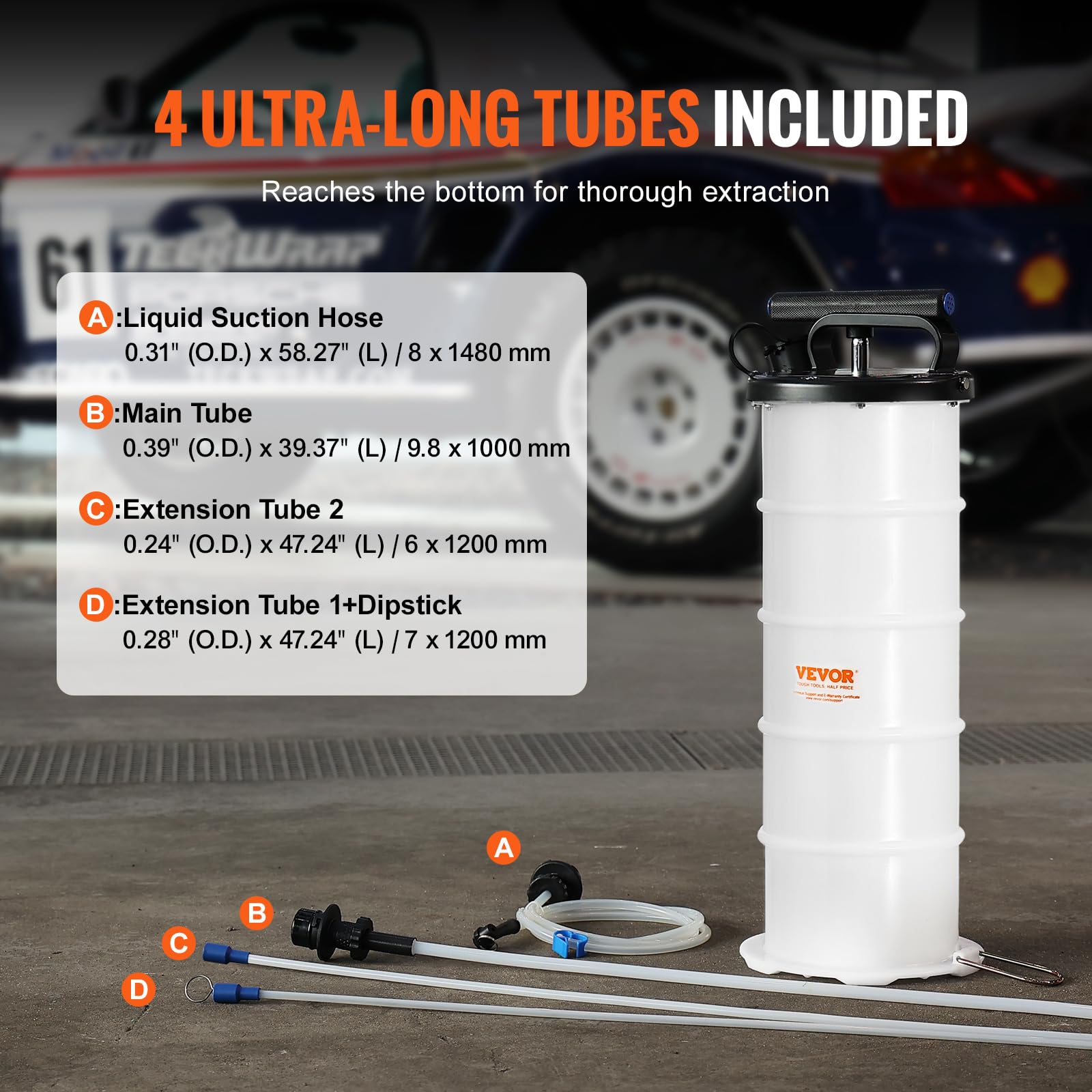 Four extension tubes reach deep into reservoirs for complete drainage.