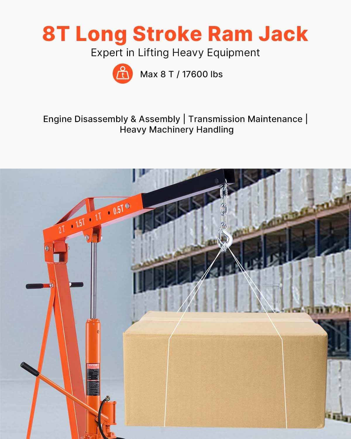 VEVOR 8-ton hydraulic long-ram jack side view showcasing compact base stability